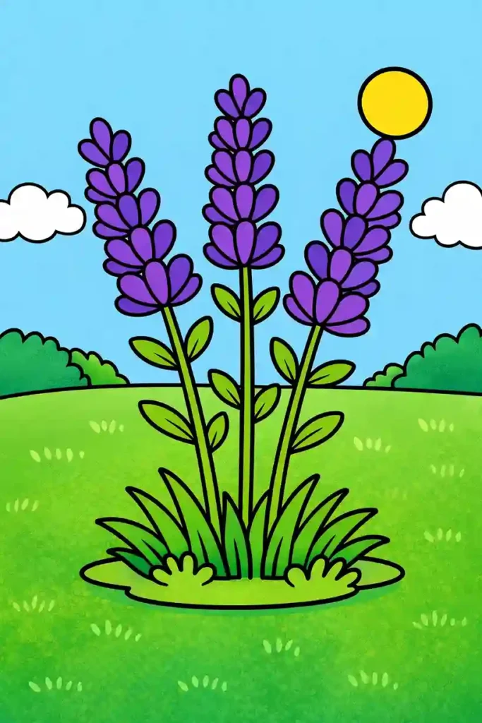 Three colored lavender stems simple flower coloring page