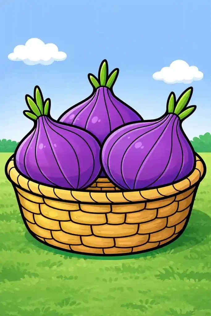 Multiple Colored onions in basket simple vegetable coloring page