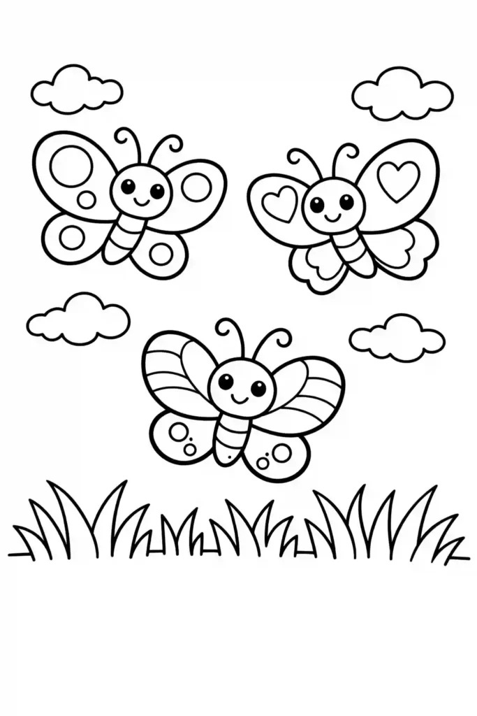 Three butterflies flying in sky simple nature coloring page