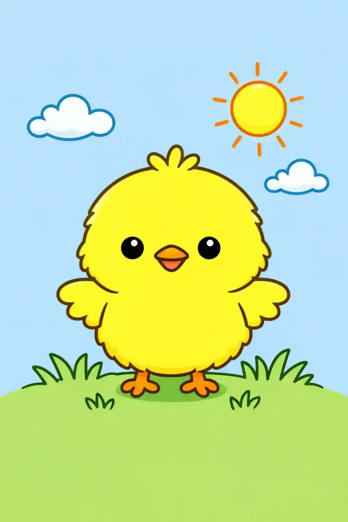 Yellow Colored Simple single chick easy coloring page
