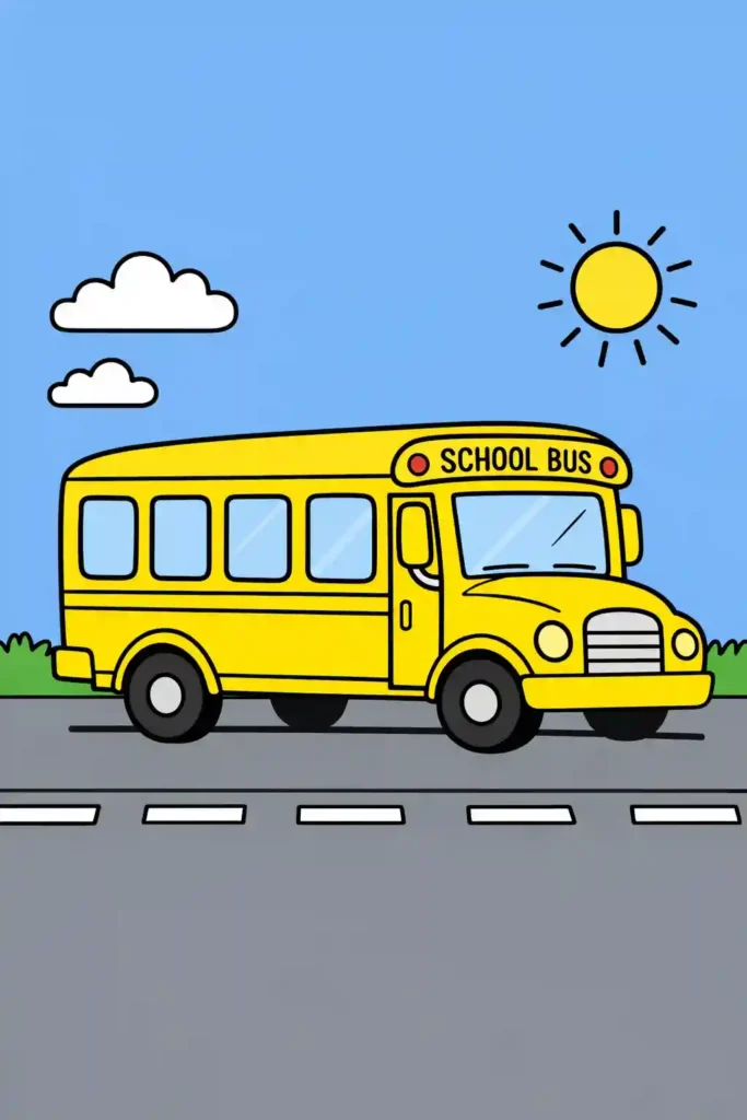 Yellow Colored Simple single school bus easy coloring page