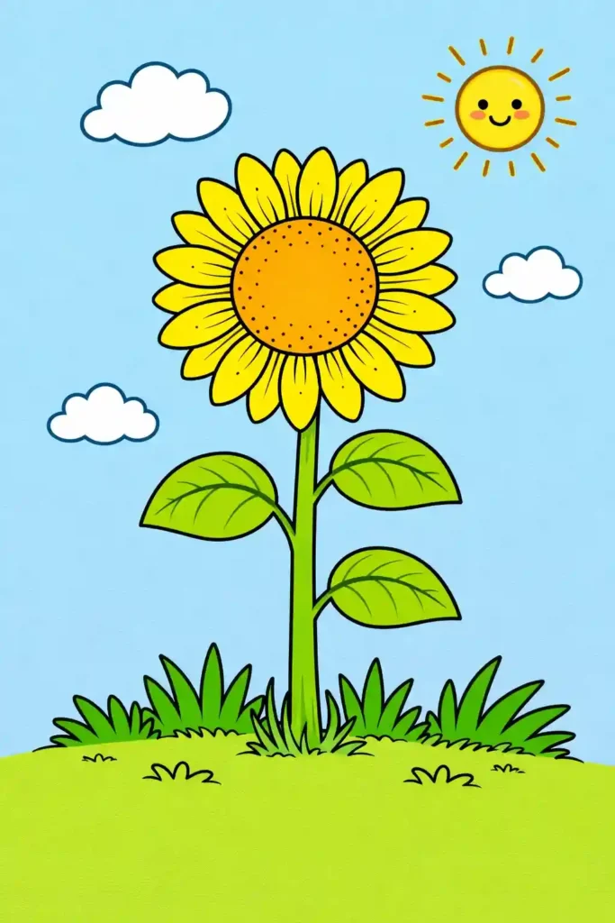 Yellow Colored Simple single sunflower easy coloring page