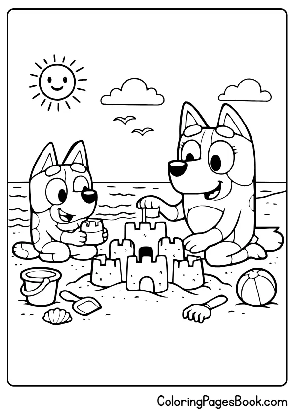 Bluey and Chilli beach sandcastle coloring page