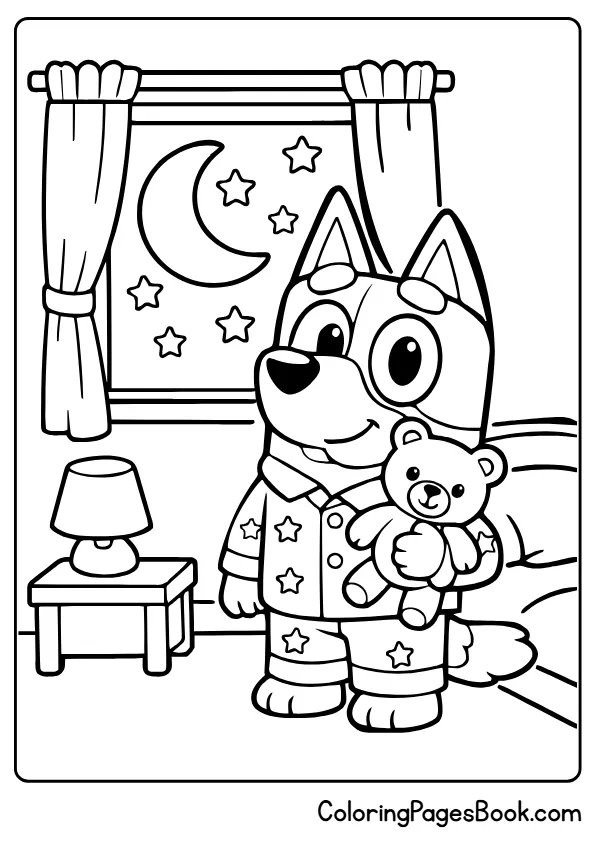 Bluey bedtime pajamas teddy bear night coloring page