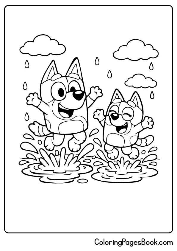Bluey and Bingo jumping in puddles rainy day coloring page