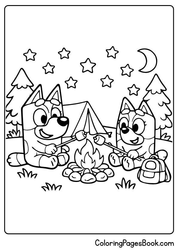 Bluey and Bingo camping campfire night coloring page