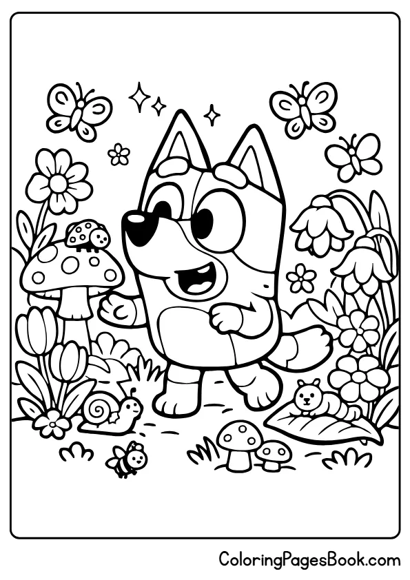 Bluey exploring garden flowers butterflies coloring page