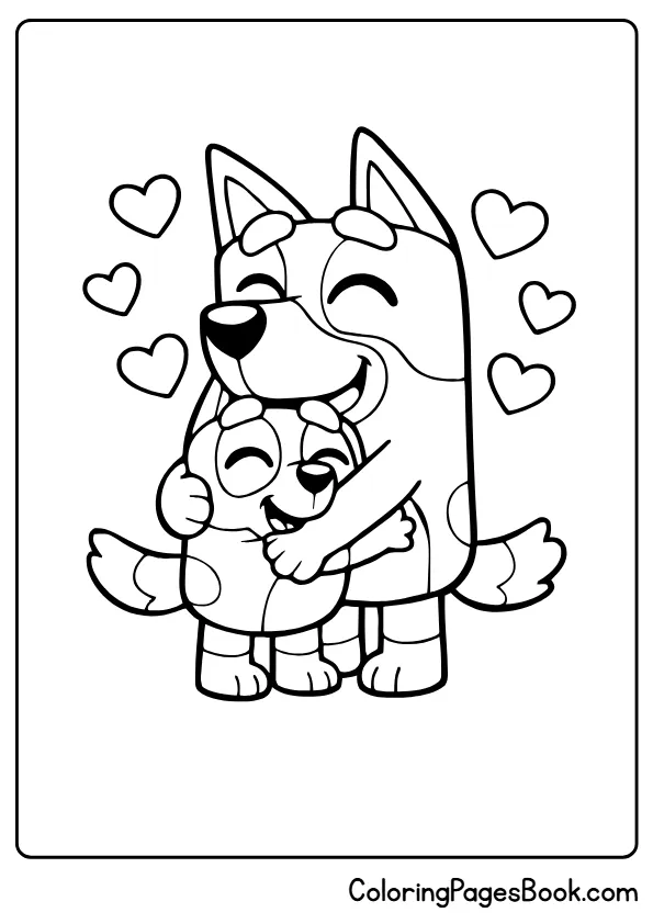 Bluey hugging Bingo cute emotional coloring page