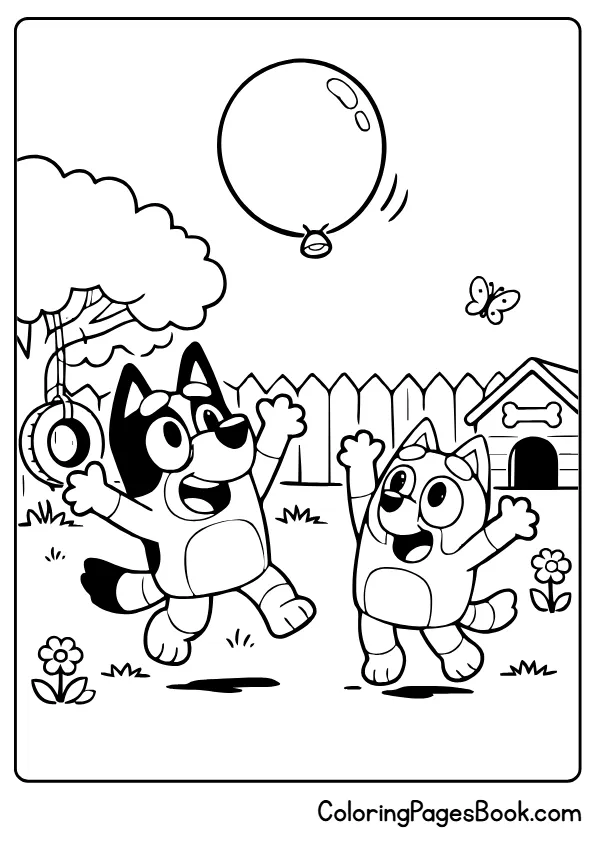 Bluey Bingo balloon game backyard coloring page
