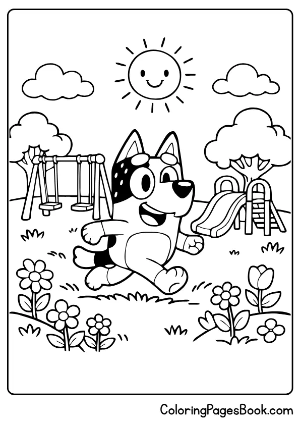 Bluey playing in park simple outdoor cartoon dog coloring page
