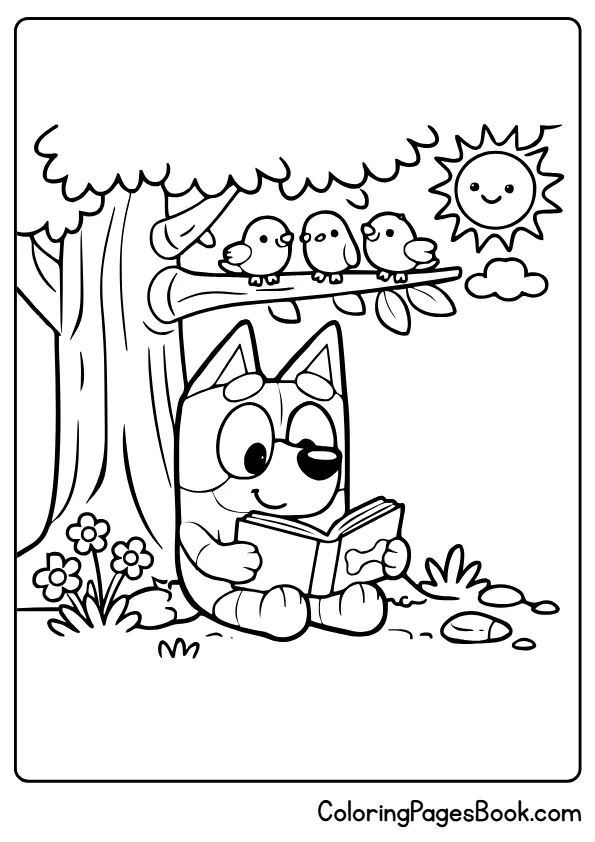 Bluey reading book under tree simple coloring page