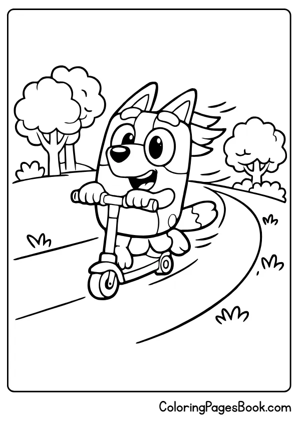Bluey riding scooter simple cartoon coloring page