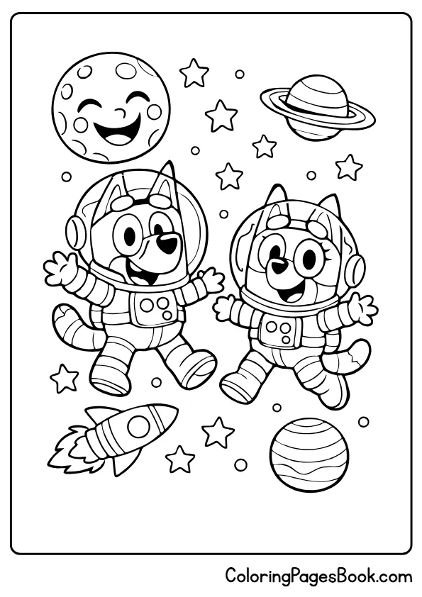 Bluey and Bingo space adventure stars planets coloring page