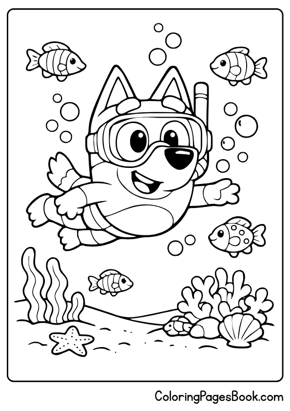 Bluey underwater swimming fish ocean coloring page