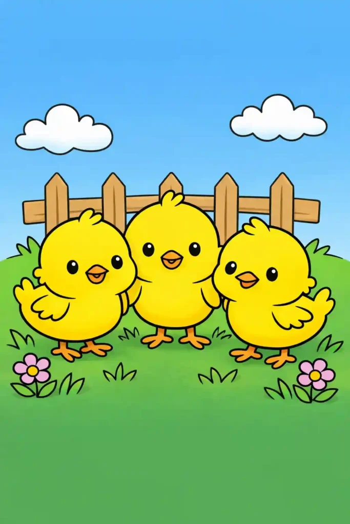 Yellow Colored Multiple chicks simple easy coloring page