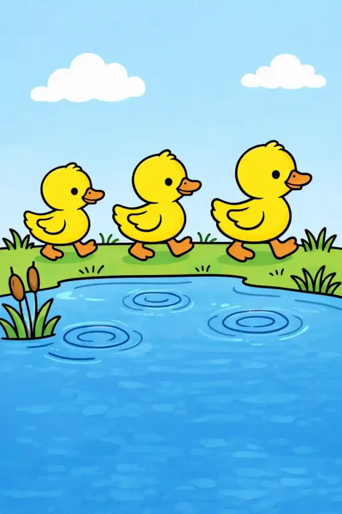 Yellow Colored Multiple ducks simple easy coloring page