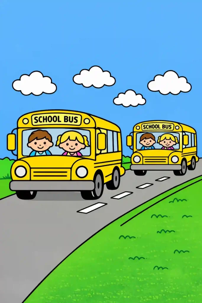 Yellow Colored Multiple school buses simple easy coloring page