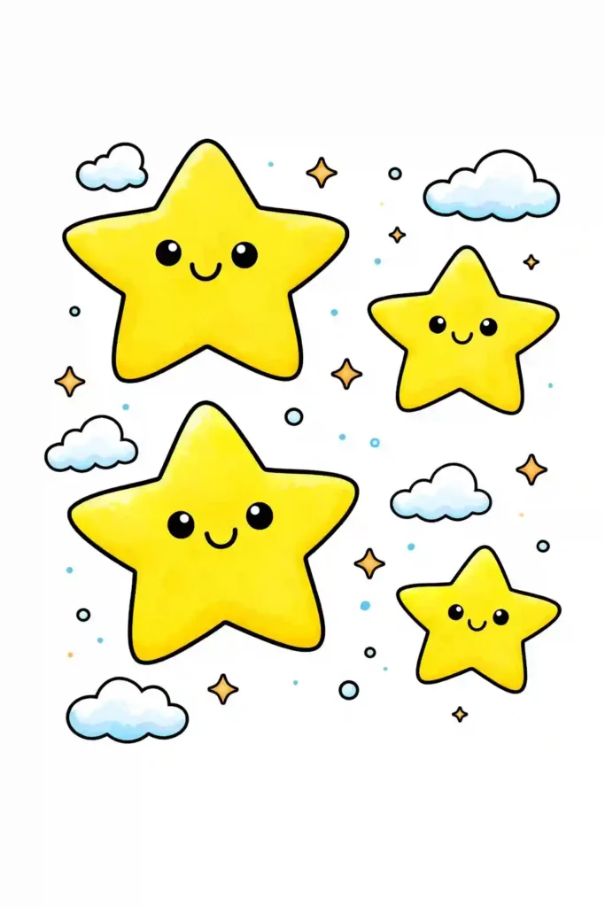 Yellow Colored Multiple stars simple easy coloring page