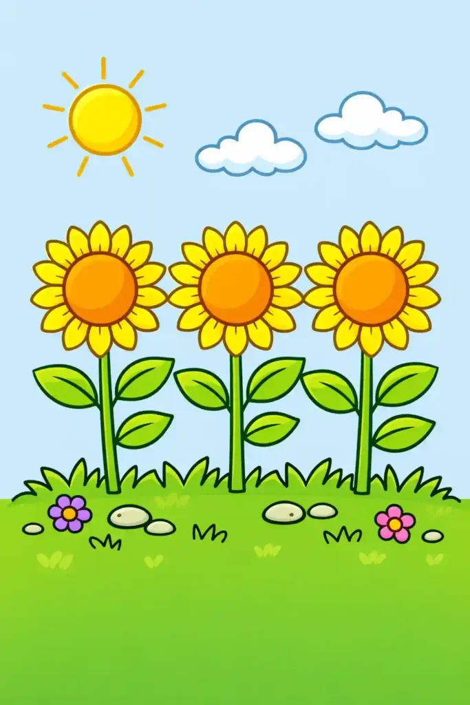 Yellow Colored Multiple sunflowers simple easy coloring page