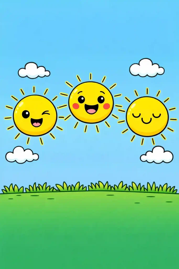 Yellow Colored Multiple suns simple easy coloring page