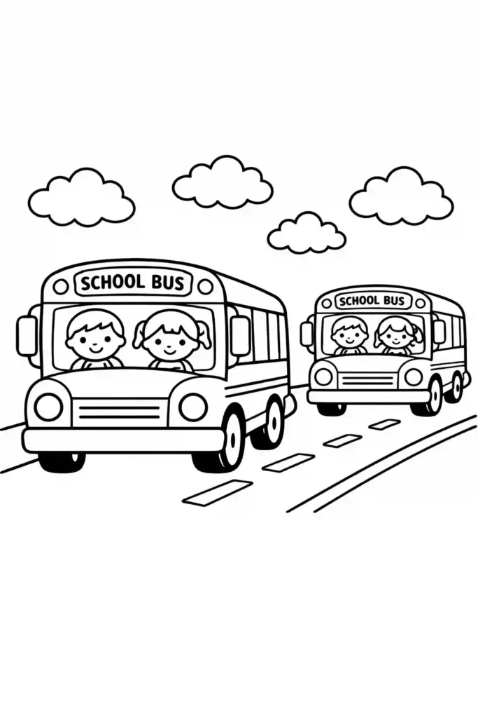 Multiple school buses simple easy coloring page