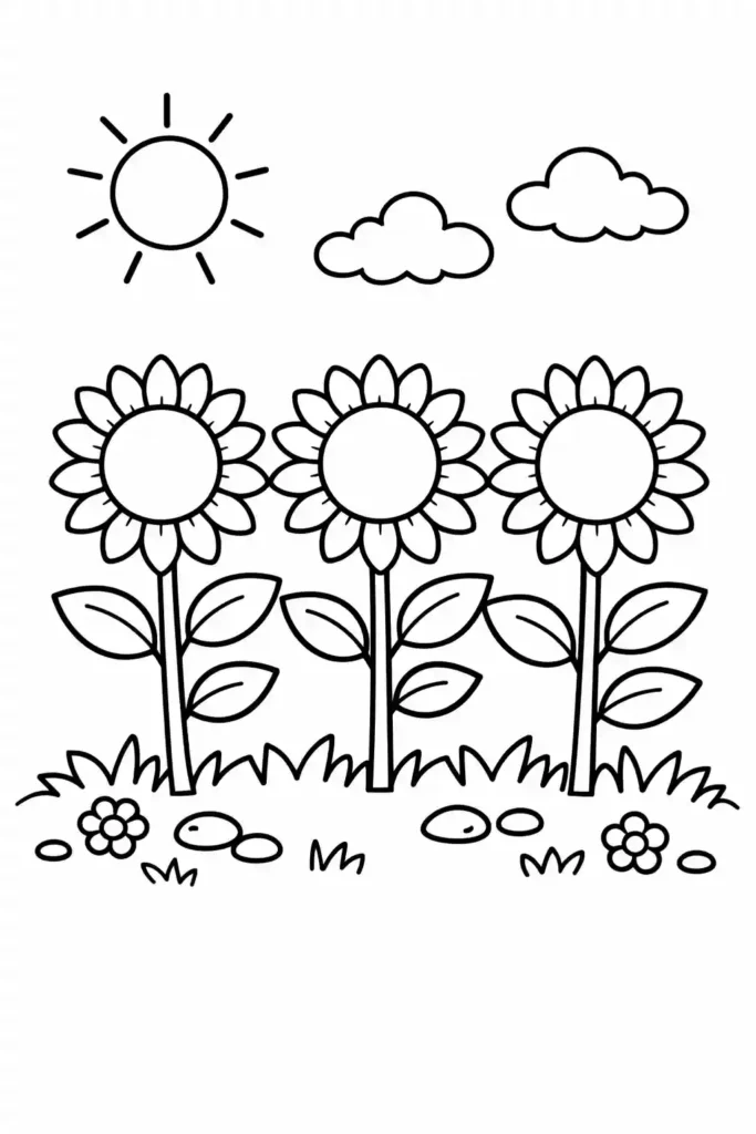 Multiple sunflowers simple easy coloring page