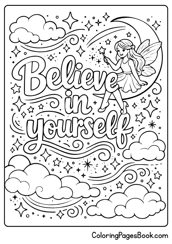 "believe in yourself" motivational coloring page for kids with star border