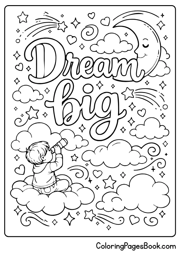 "dream big" motivational coloring page for kids with star illustrations