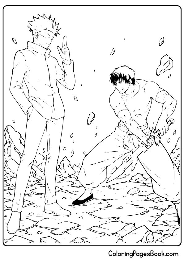 Gojo and Toji intense battle pose anime coloring page