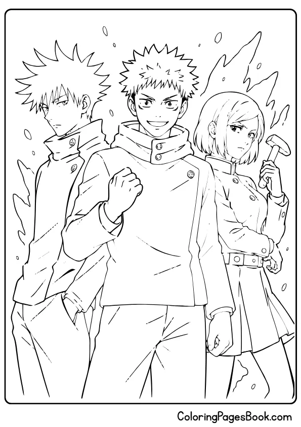 Yuji Megumi Nobara team pose anime coloring page