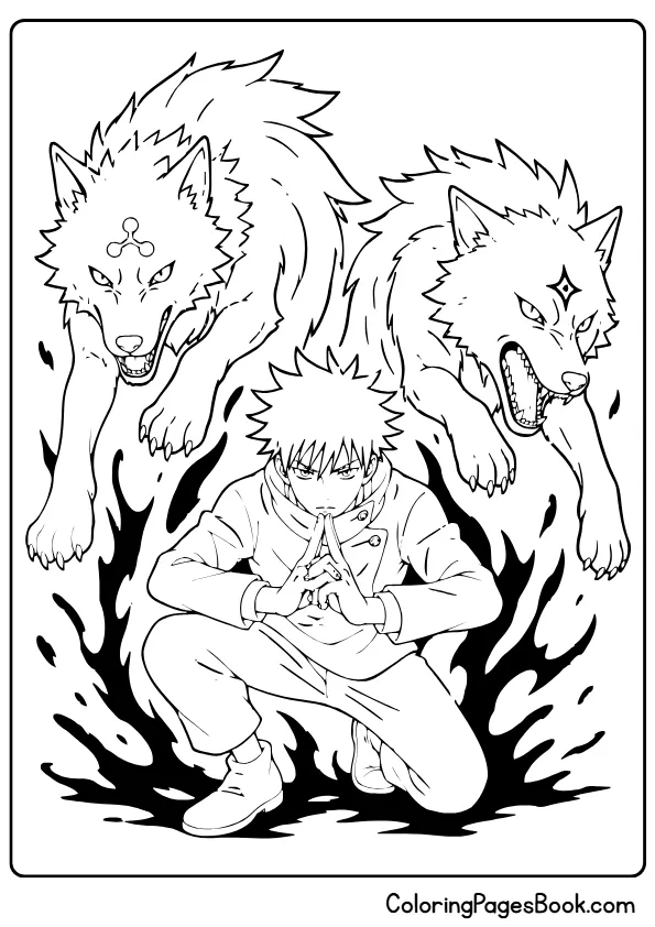 Megumi summoning divine dogs shikigami coloring page