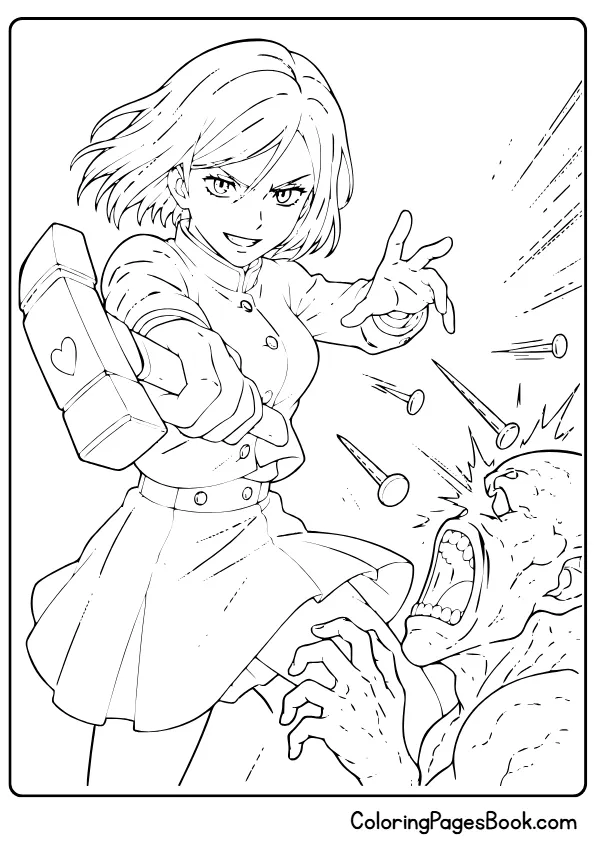 Nobara using hammer and nails straw doll technique coloring page