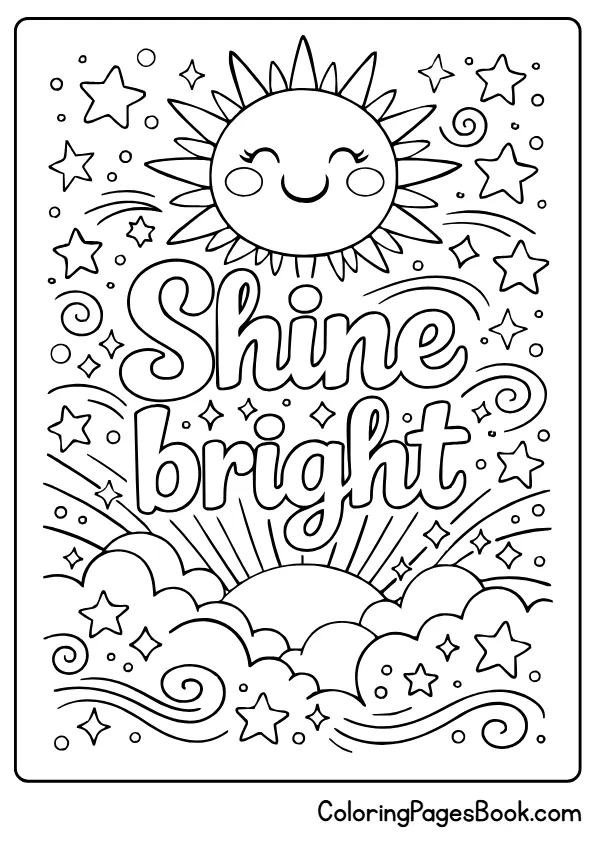 shine bright quote with sun and stars coloring page for kids