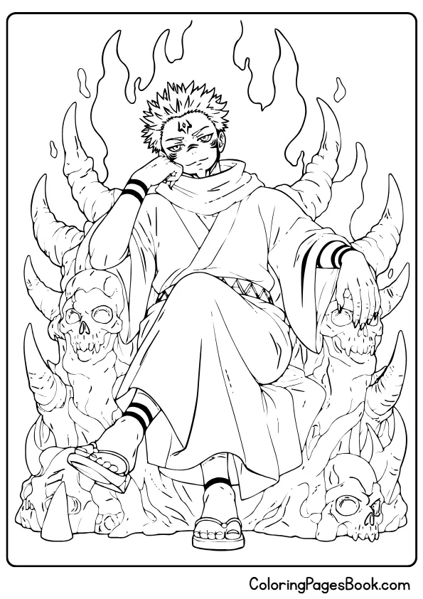 Sukuna sitting on throne dark anime coloring page