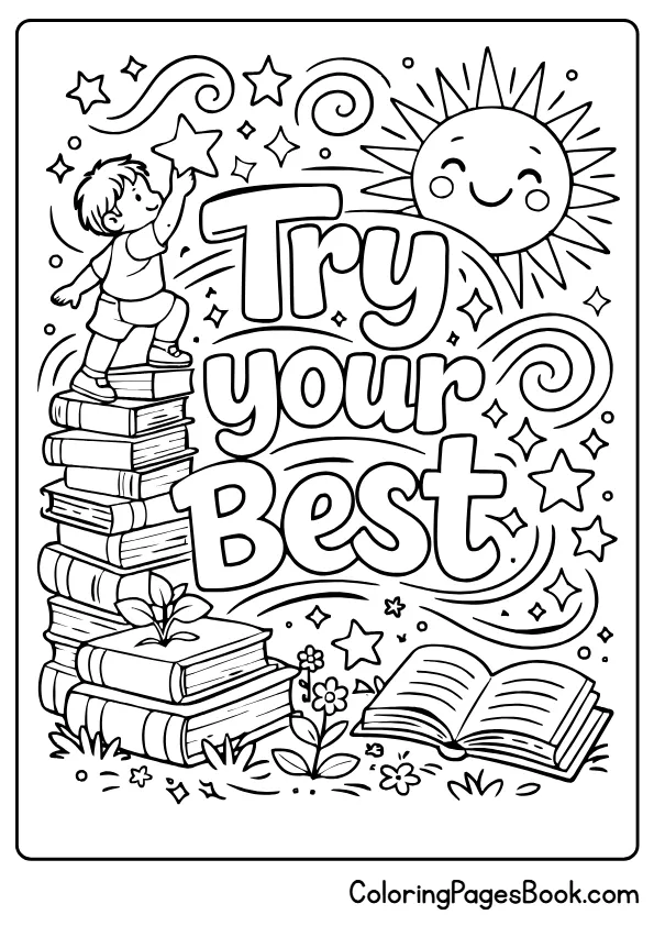 try your best quote with books child studying stars coloring page