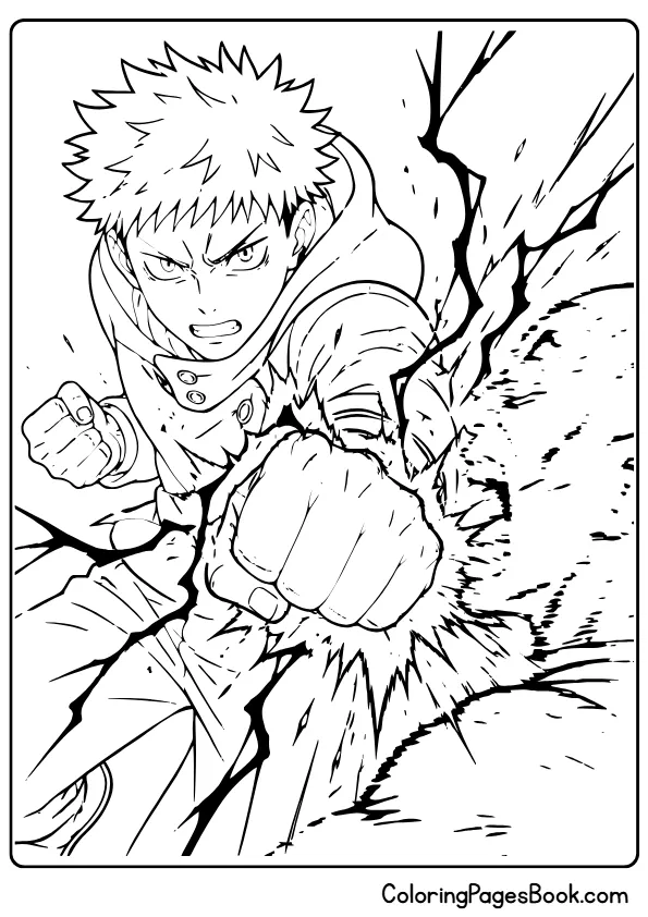 Yuji performing black flash punch anime coloring page