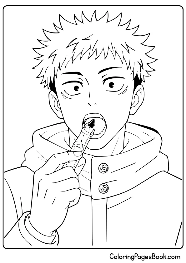 Yuji Itadori eating Sukuna finger dramatic anime coloring page