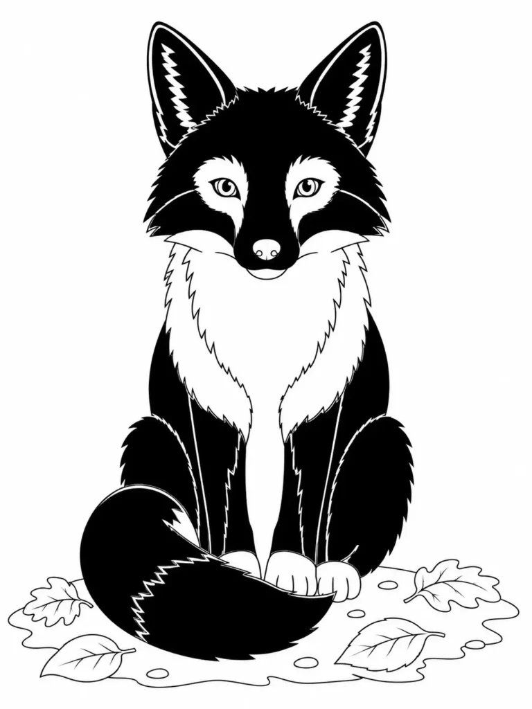 Monochrome fox coloring page preview showing filled sections in solid black — ears, back, and body marked for single-color shading with white chest and muzzle contrast