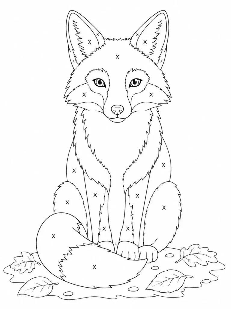 Free printable monochrome fox coloring page with X marks indicating fill areas — seated fox with autumn leaves, bold outline design for adult single-color coloring