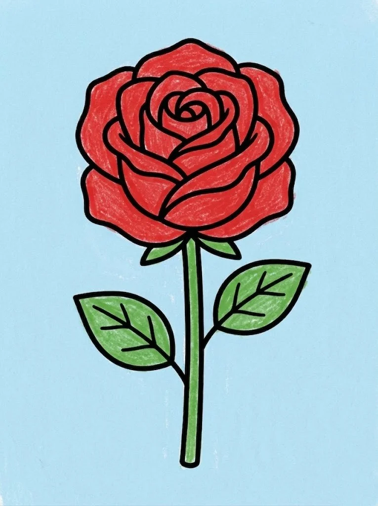 Simple single red colored rose easy coloring page