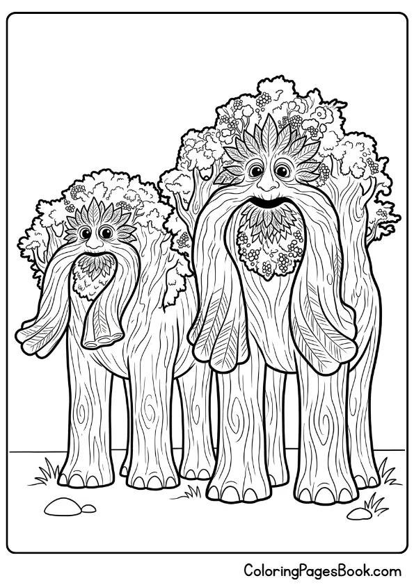 Giant tree elephant creature parent with baby Dzo coloring page from Swapped 2026