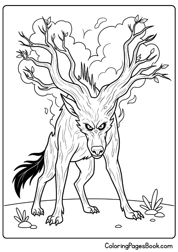 Firewolf villain with tree branches and angry expression coloring page from Swapped