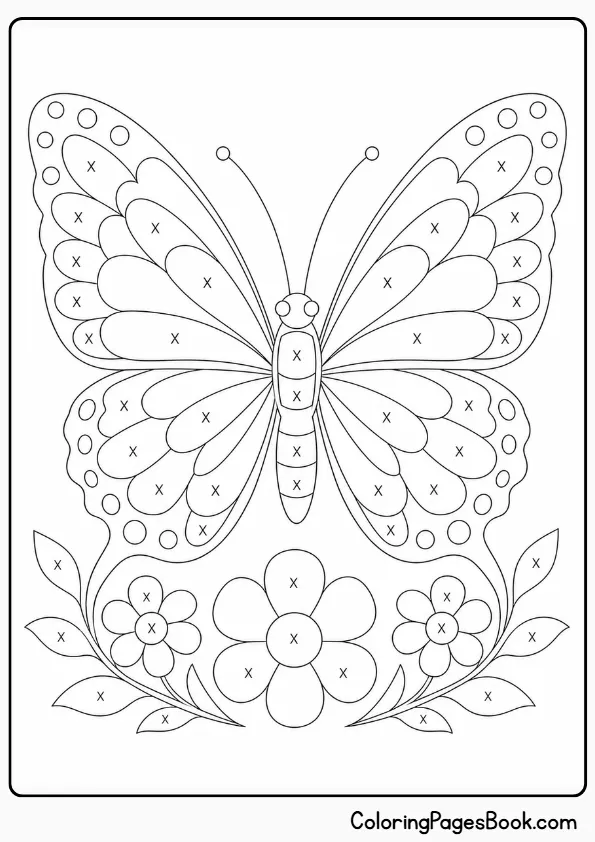 Monochrome butterfly coloring page — symmetrical butterfly with open wings and X marks for single color filling