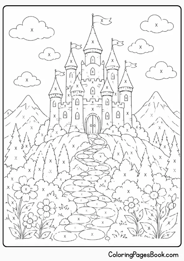 Monochrome fantasy castle coloring page — hilltop castle with towers clouds and X marks for single color coloring