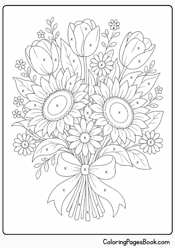 Monochrome flower bouquet coloring page — sunflowers tulips and daisies with X marks for one color filling