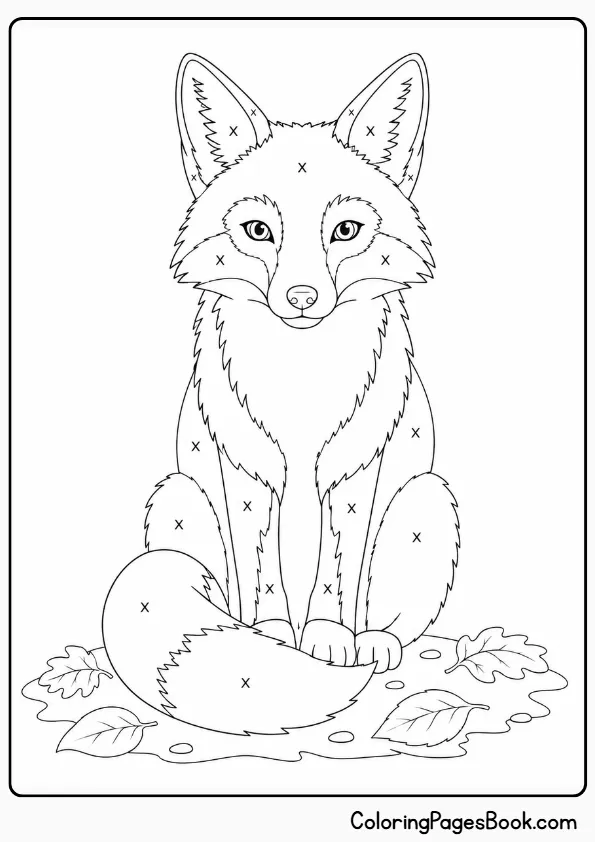 Monochrome fox coloring page — sitting fox with X marks showing areas to color in one shade