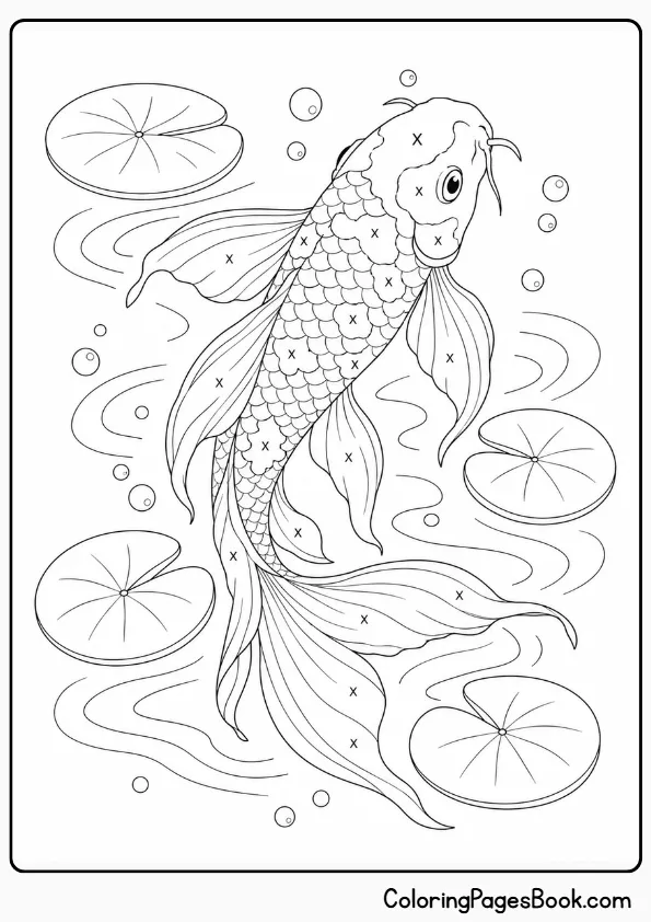 Monochrome koi fish coloring page — swimming koi with flowing fins and X marks for single color coloring