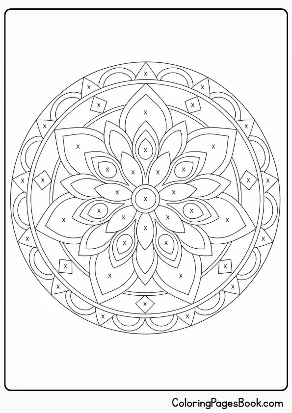 Monochrome mandala coloring page — circular symmetrical mandala with X marks alternating for single color pattern