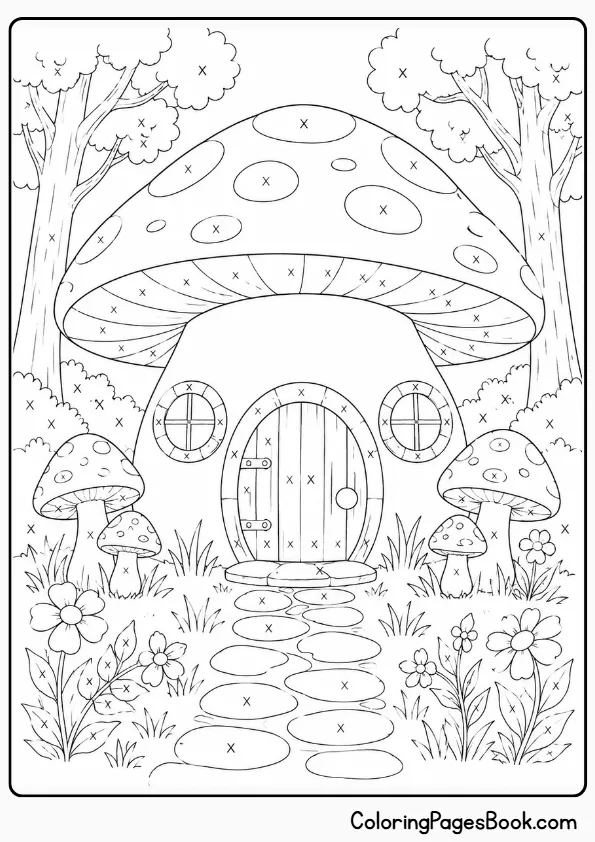 Monochrome mushroom cottage coloring page — cozy cottage inside a giant mushroom with X marks for one color coloring
