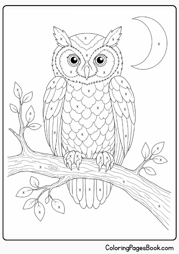 Monochrome owl coloring page — owl perched on a branch with X marks indicating sections to color in one shade